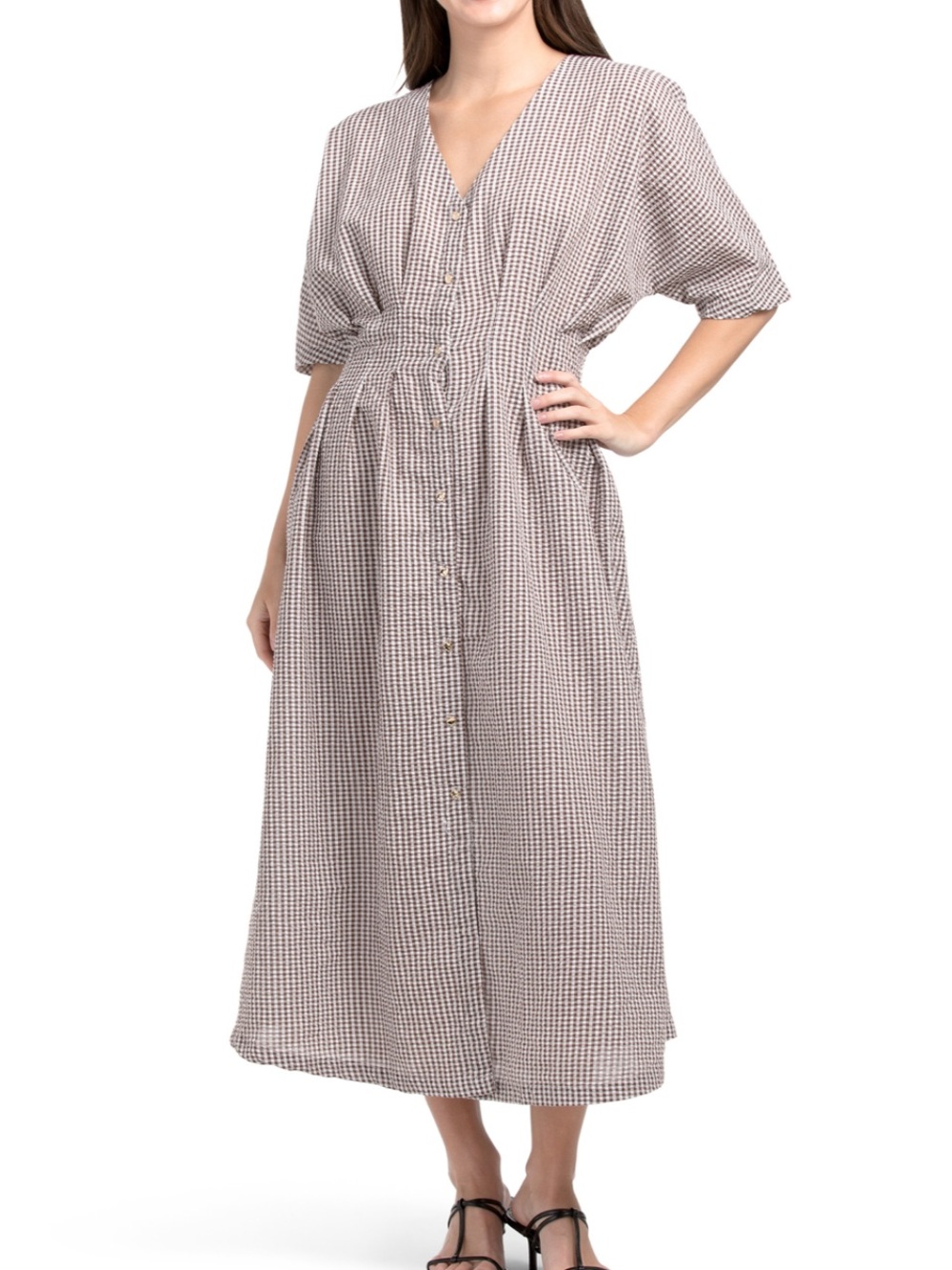 Button-Front Gingham Midi Dress in Taupe & White